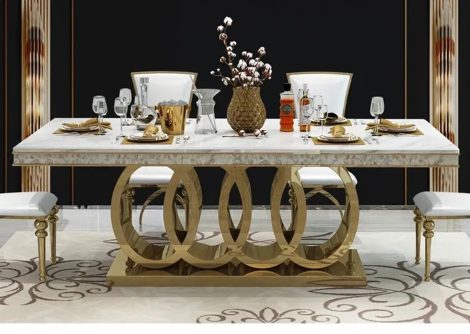 4 Seater Audi Luxurious Gold Stainless Steel Dining Table with Marble Countertop for European Villa-style Large Dining Rooms (Chairs Included)