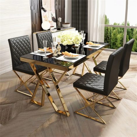 4 Seater Rectangular dining table made of tempered glass with a sleek black finish measuring 1400mm. (Chairs Included)