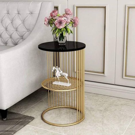 Black Round Coffee Table for Living Room | Sofa Side Golden Side Table for Drawing Room | Half Caged Round Teapoy Design Marble Top End Table for Home Decor